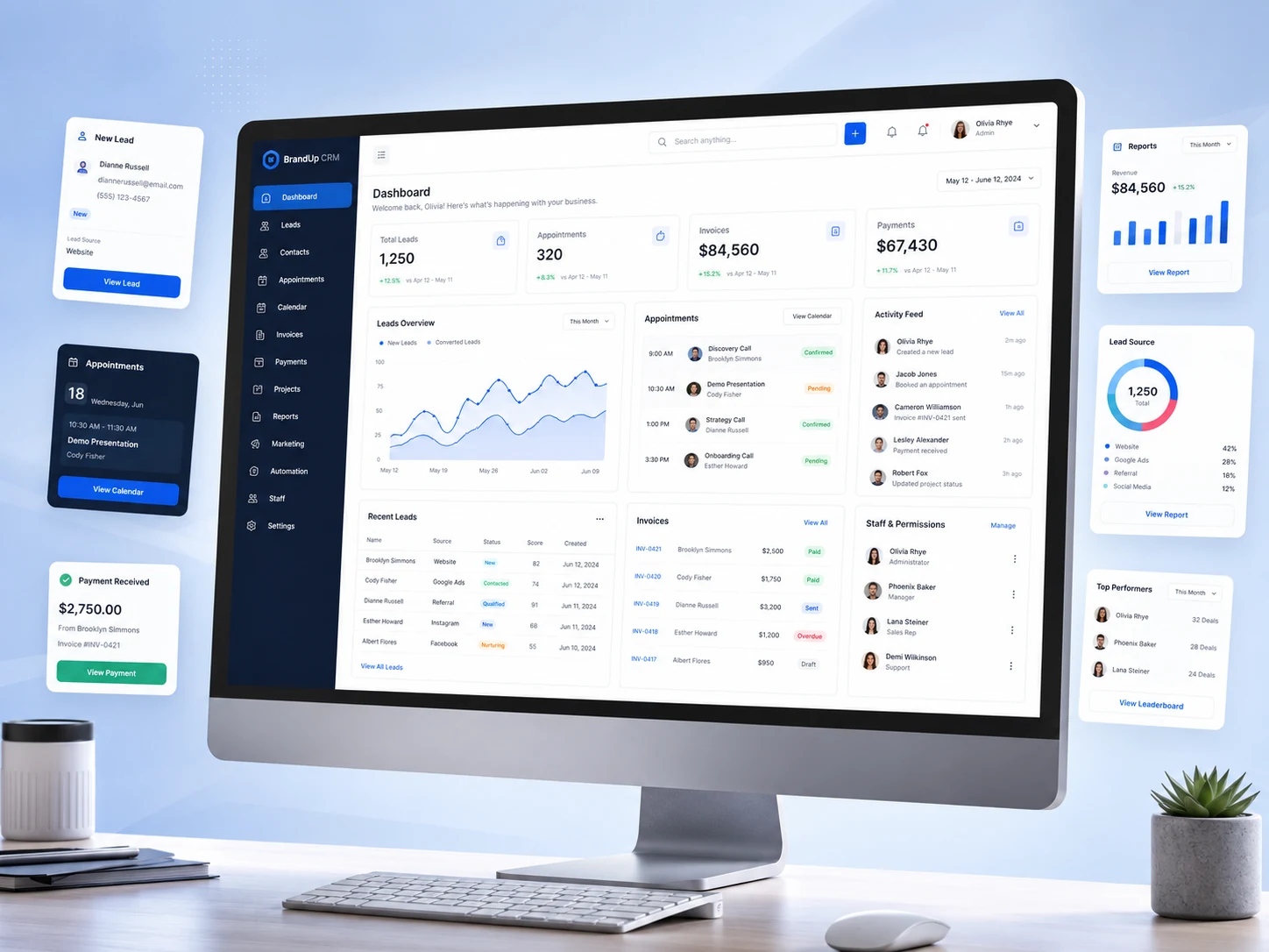 Premium custom CRM dashboard shown on a modern desktop computer with lead, appointment, invoice, payment, reports and staff modules